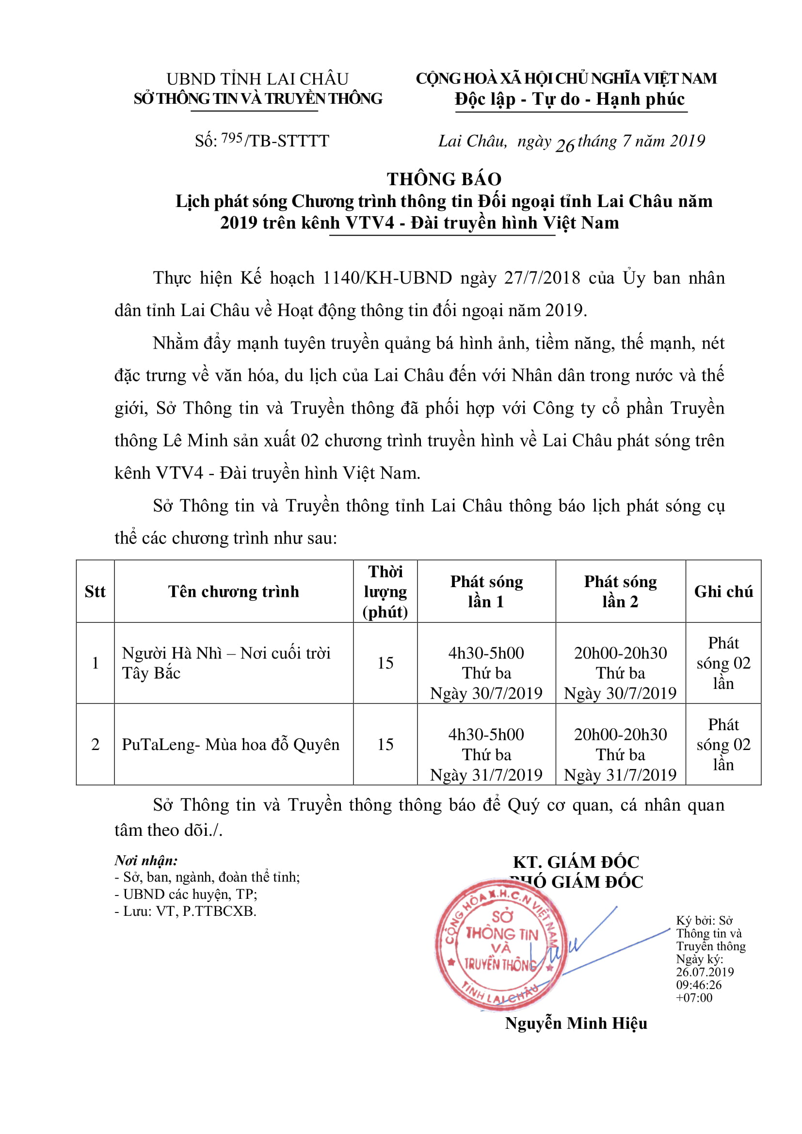 Thông báo lịch phát sóng Chương trình thông tin đối ngoại tỉnh Lai Châu năm 2019