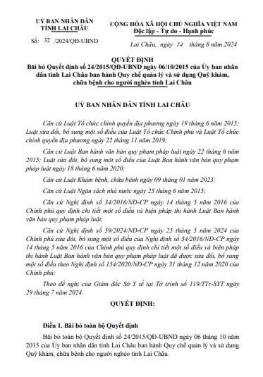 THÔNG BÁO: Công văn 32/2024/QĐ-UNBD ngày 14/8/2024 của UBND tỉnh Lai Châu và Công văn 3008/UBND-YT ngày 19/8/2024 của UBND huyện Than Uyên.