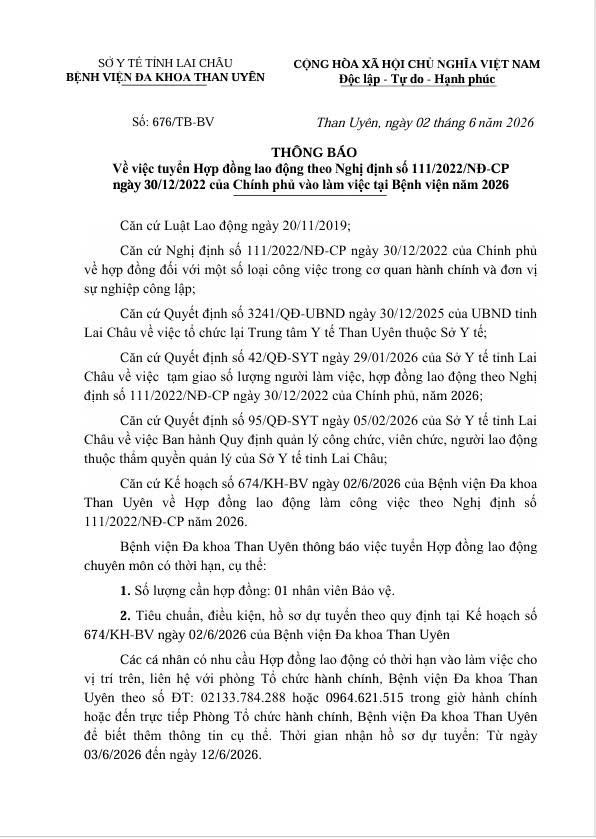 THÔNG BÁO VỀ VIỆC TUYỂN HỢP ĐỒNG LAO ĐỘNG THEO NGHỊ ĐỊNH 111/2022/ND-CP NGÀY 30/12/2022 CỦA CHÍNH PHỦ VÀO LÀM VIỆC TẠI BỆNH VIỆN NĂM 2006